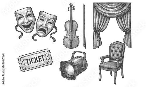 Vintage theater artifacts: drama masks, violin, curtains, spotlight, and ticket illustration