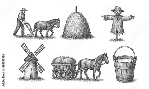 Vintage farming elements with farmer, horse, windmill, and scarecrow
