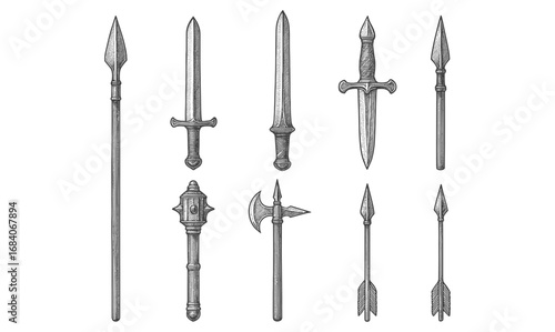 Detailed collection of medieval weapons in vintage style