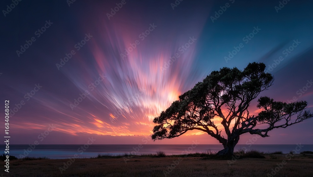 Fototapeta premium Silhouette tree at sunrise over ocean. Vibrant sunrise colors radiate outward