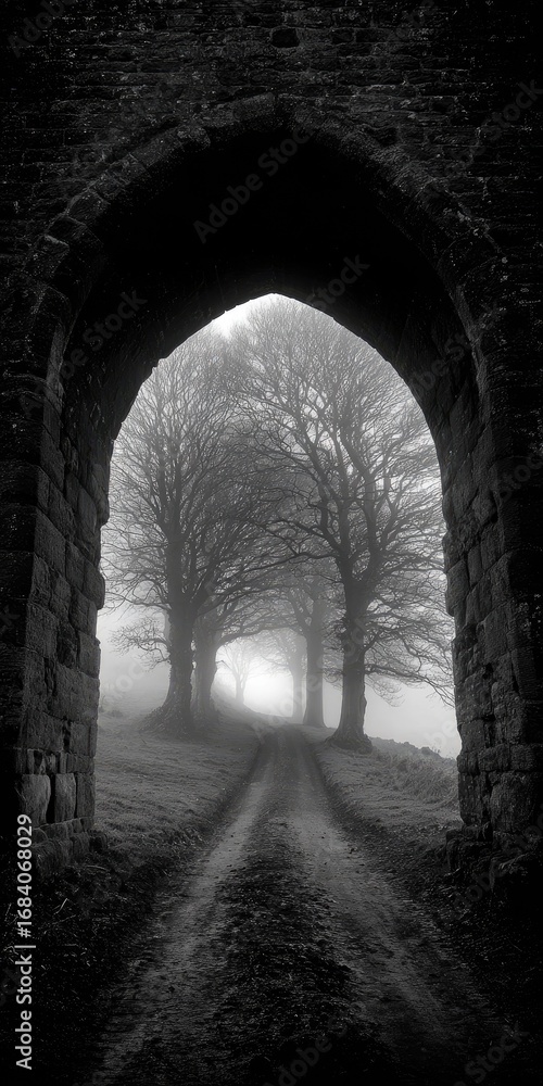 Obraz premium Misty path through ancient archway