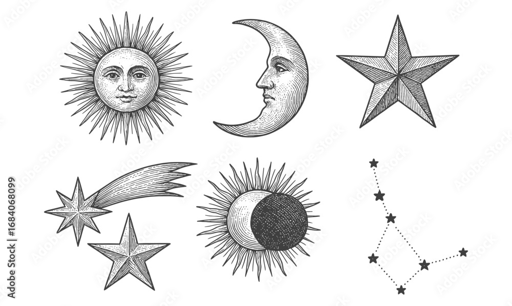 Obraz premium Vintage celestial designs: sun, moon, stars, and constellations