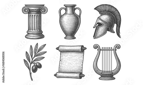 Classic greek elements: ancient artifacts and symbols in detailed sketch style