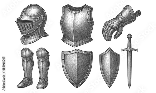 Medieval armor set with sword and shields in engraved style