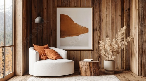 Cozy interior scene with wooden walls, an armchair, artwork, a tree stump table, and mountain view