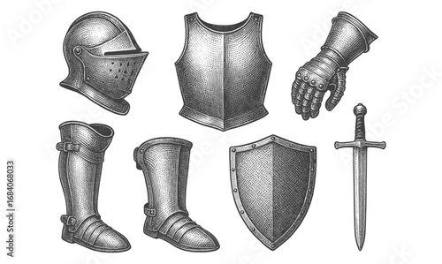 Vintage medieval armor set with sword and shield on white background