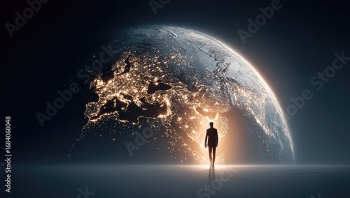 Silhouette figure walks towards a glowing Earth