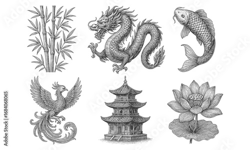Intricate asian symbols: dragon, koi, bamboo, phoenix, lotus, pagoda detailed art