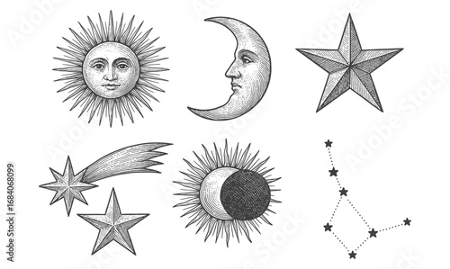 Vintage celestial designs: sun, moon, stars, and constellations