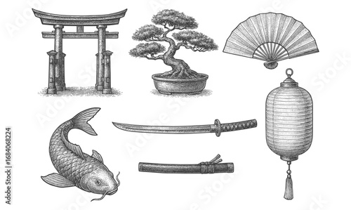 Detailed sketches of japanese culture elements featuring torii, bonsai, koi, katana, lantern, and fan