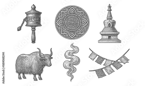 Vintage tibetan symbols and cultural artifacts: prayer wheel, mandala, stupa, yak, smoke, flags