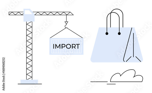 Crane hoisting an import container next to a shopping bag, conveying international trade and retail. Ideal for business, e-commerce, supply chain, logistics, import-export, globalization, economic