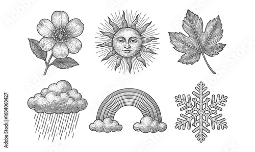 Intricate vintage nature elements: sun, flower, leaf, cloud, rainbow, snowflake