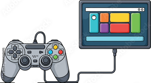 wired gamepad and colorful tablet interface digital gaming setup illustration