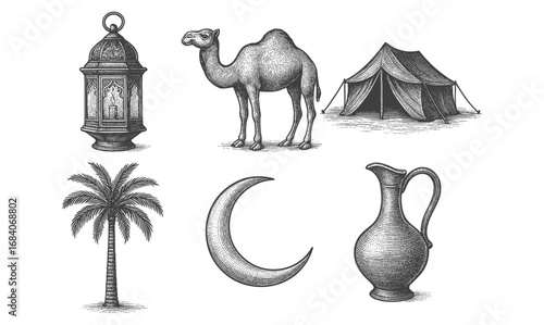 Vintage middle eastern elements: lantern, camel, tent, palm, crescent, pitcher