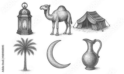 Intricate desert symbols: camel, lantern, tent, palm, crescent, jug in detailed sketch