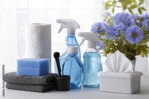 Cleaning supplies arranged on a white surface.  Several spray bottles, cleaning cloths, paper towels, a sponge, and tissues are displayed.  