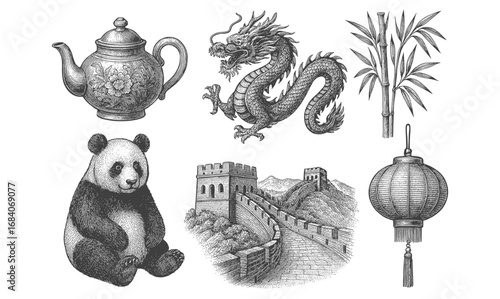 Traditional chinese symbols in detailed vintage art style