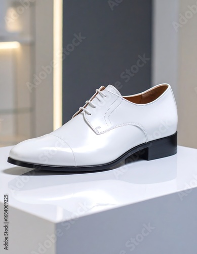 Polished white formal shoes on a display