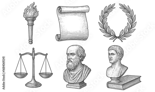 Classical engraving style set: torch, scroll, laurel, scales, and busts