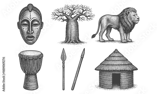 African heritage icons: mask, baobab, lion, drum, spears, hut in engraved style