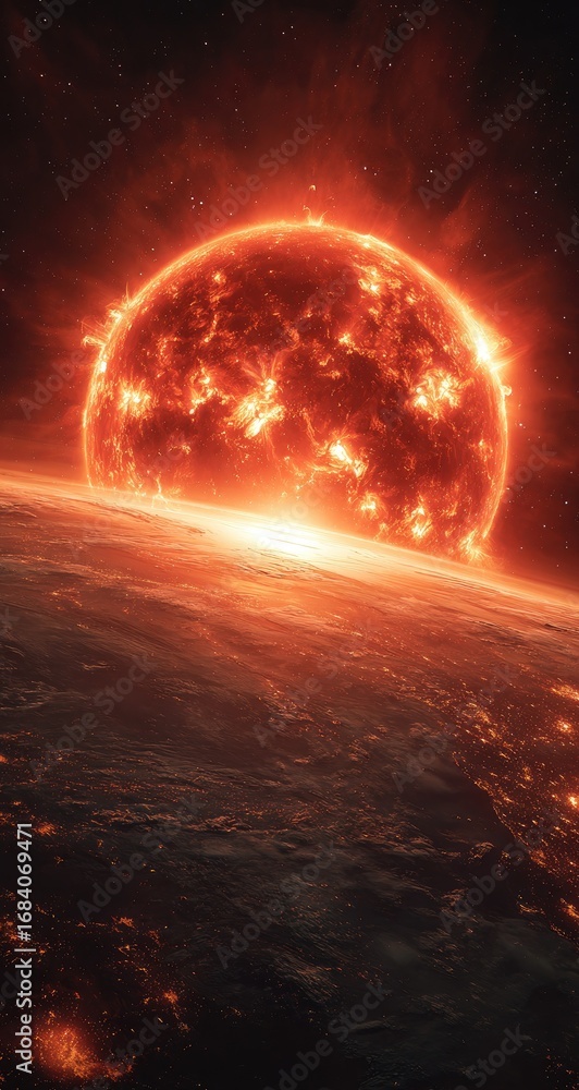 Obraz premium Fiery sun rises over a planet