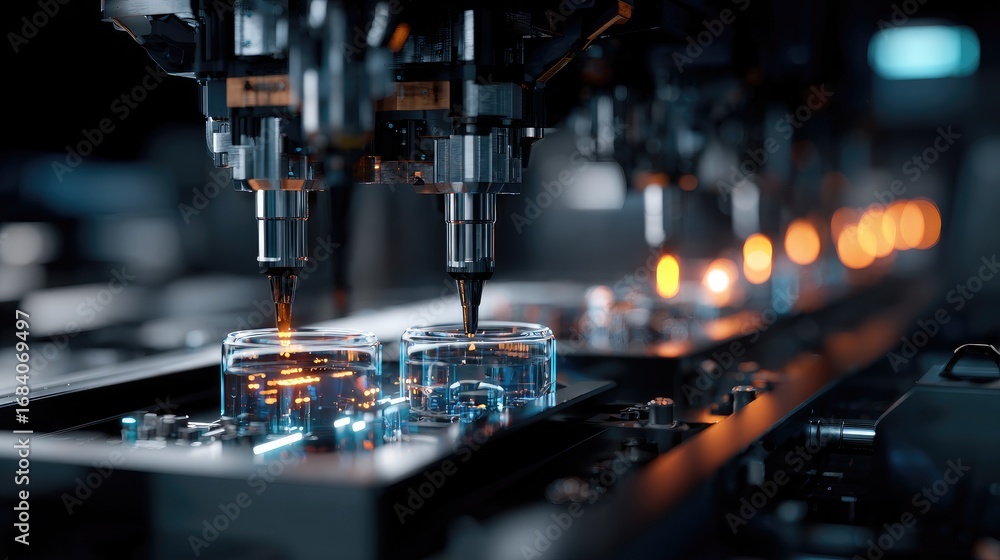 Fototapeta premium Automated assembly line with clear glass components