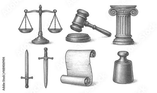 Vintage engraved law and justice elements with scales and gavel illustration