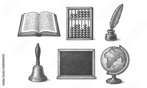 Vintage school tools set: book, abacus, feather pen, bell, blackboard, globe