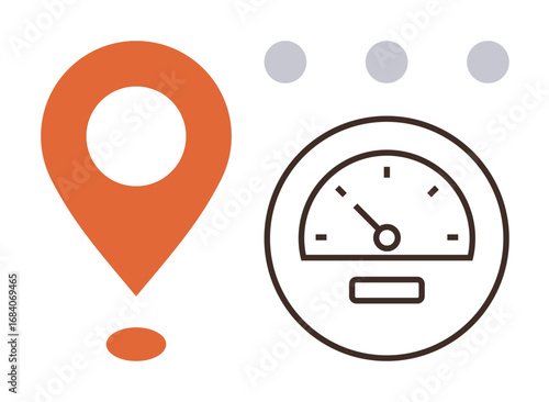 Orange location pin and black speedometer gauge with gray dots suggest tracking, navigation, speed, performance, optimization, progress, data analysis, delivery. Ideal for business travel and tech