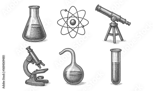 Scientific equipment set: telescopes, microscopes, and atomic models in detailed vintage style