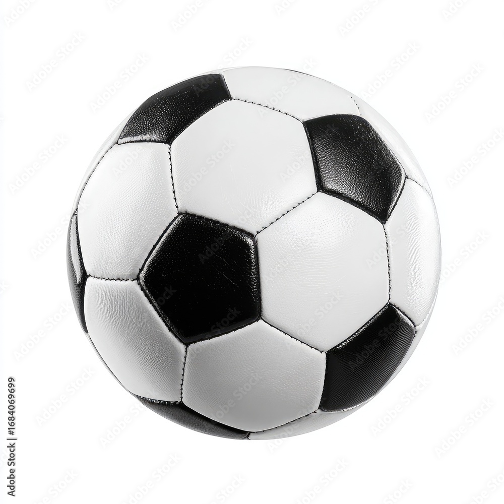 Fototapeta premium A black and white soccer ball. A round, stitched ball with alternating black and white hexagonal panels. Isolated against a plain white background