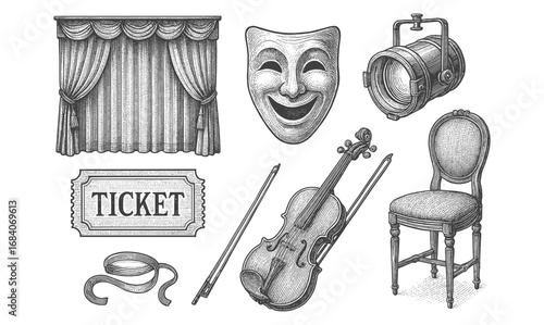 Vintage theater elements: curtain, mask, violin and more in engraved style