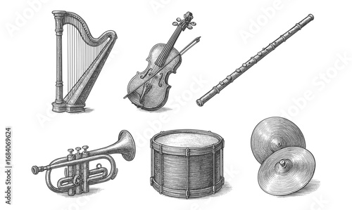Vintage engraved musical instruments collection: harp, violin, flute, trumpet, drum, cymbals