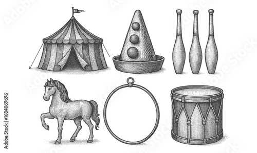 Vintage circus elements with tent, juggling clubs, and drum in engraving style