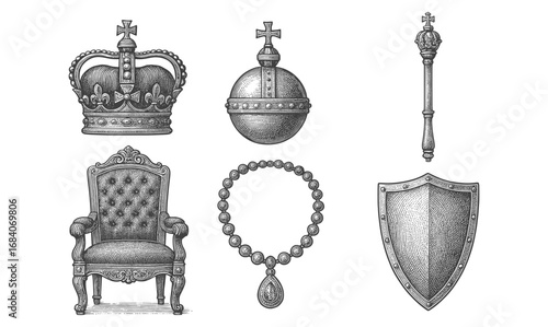 Vintage royal symbols: crown, scepter, orb, throne, necklace, shield in engraved style