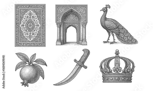 Vintage ornamental collection: peacock, dagger, crown, architecture, pomegranate