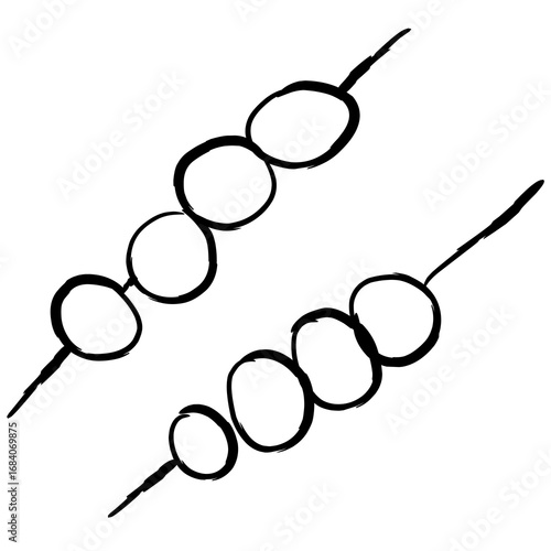 Hand drawn skewer with round snacks, abstract dango or meatball illustration in black and white.