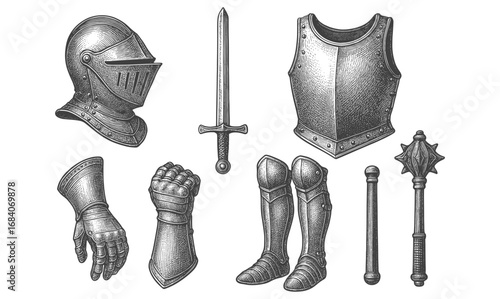 Medieval armor set with helmet, sword, and shield in vintage engraving style