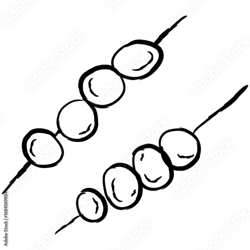 Hand drawn skewer with round snacks, abstract dango or meatball illustration in black and white.
