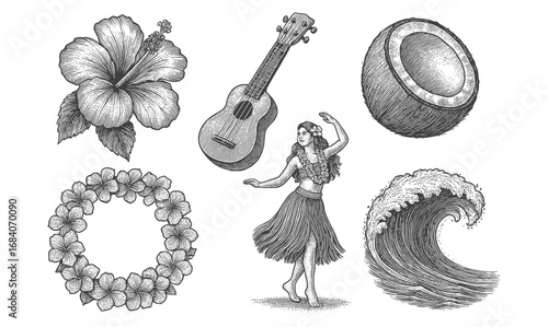 Intricate hawaiian elements: tropical dance and nature sketch