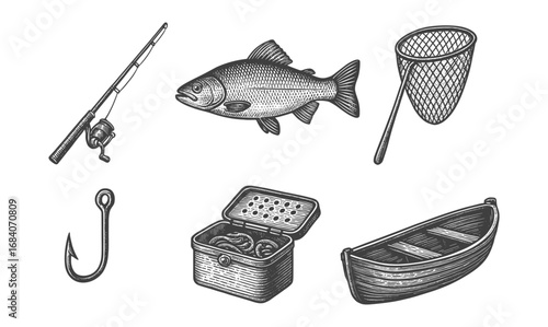 Vintage style fishing gear collection with fish, rod, and tackle box