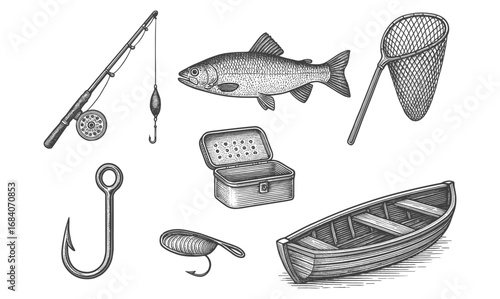 Vintage fishing gear set: rods, fish, boat, tackle box, hooks in detailed sketch style