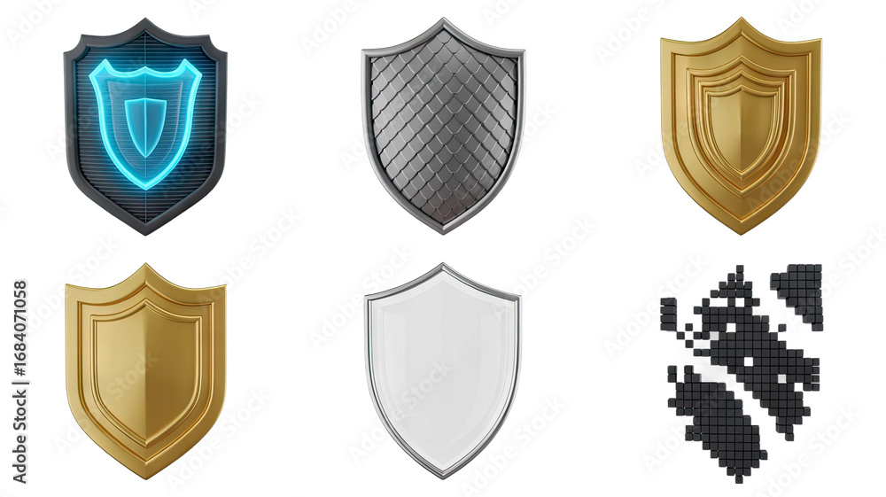 Fototapeta premium Protective shield icons representing security, data protection, and digital defense in a modern design