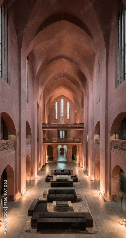 Obraz premium High-ceilinged, pinkish-toned interior space, arched windows, seating areas