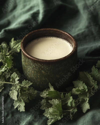 Mugwort and honey moon milk in ceramic night cup