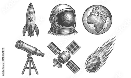 Vintage space exploration set with telescope, astronaut, rocket, earth, satellite, and meteor