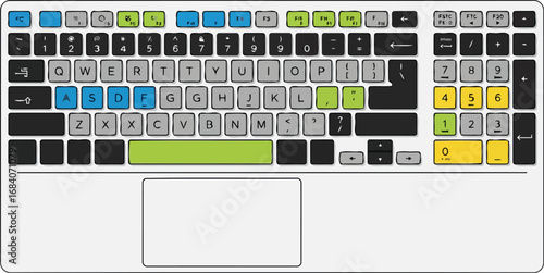 colorful laptop keyboard illustration modern design, multicolored keys, and integrated trackpad