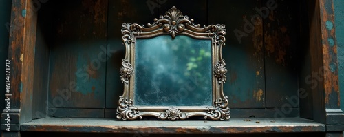 Ancient silver mirror with intricate carvings on a dusty, dimly lit shelf, shelf, dimly lit, relic