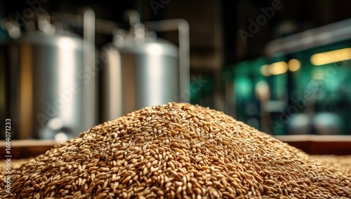 A pile of barley grains, close-up, with brewery tanks in the background